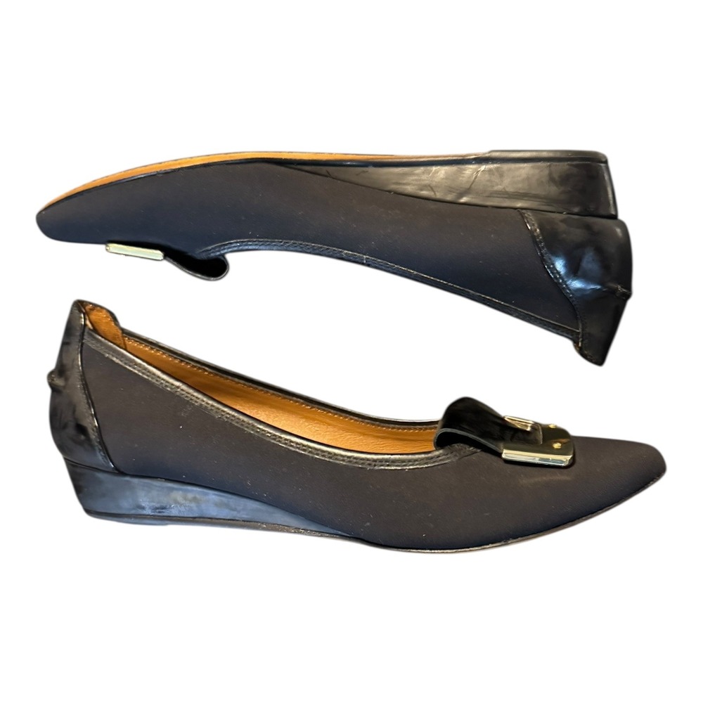 Donald‎ J Pliner Womens Nila Mini Wedge Flat 6.5 Black Suede Patent Gold Buckle - Picture 4 of 12